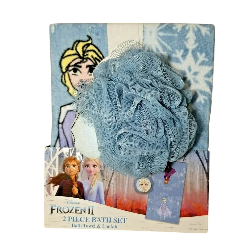 Disney Frozen‎ II 2 Piece Bath Set Elsa Blue Cotton Towel and Loofah NIB